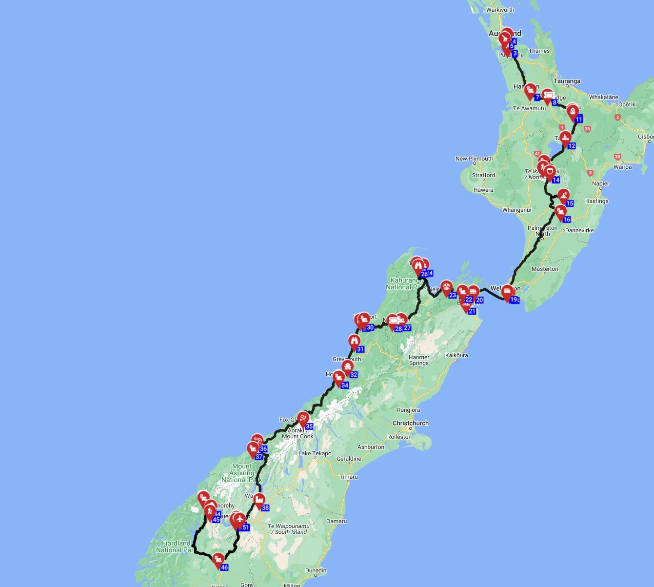 Queenstown to Auckland RV trip route